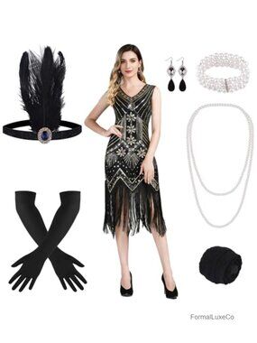 1920s Flapper Sequin Dress Costume Set Fringed Midi Gatsby Party